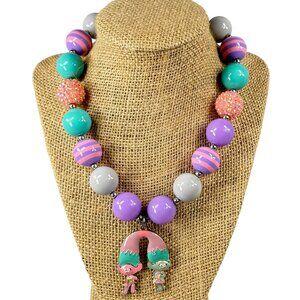 Trolls Pendant Chunky Beaded Necklace Multicolor Pastels Adjustable Women Girls